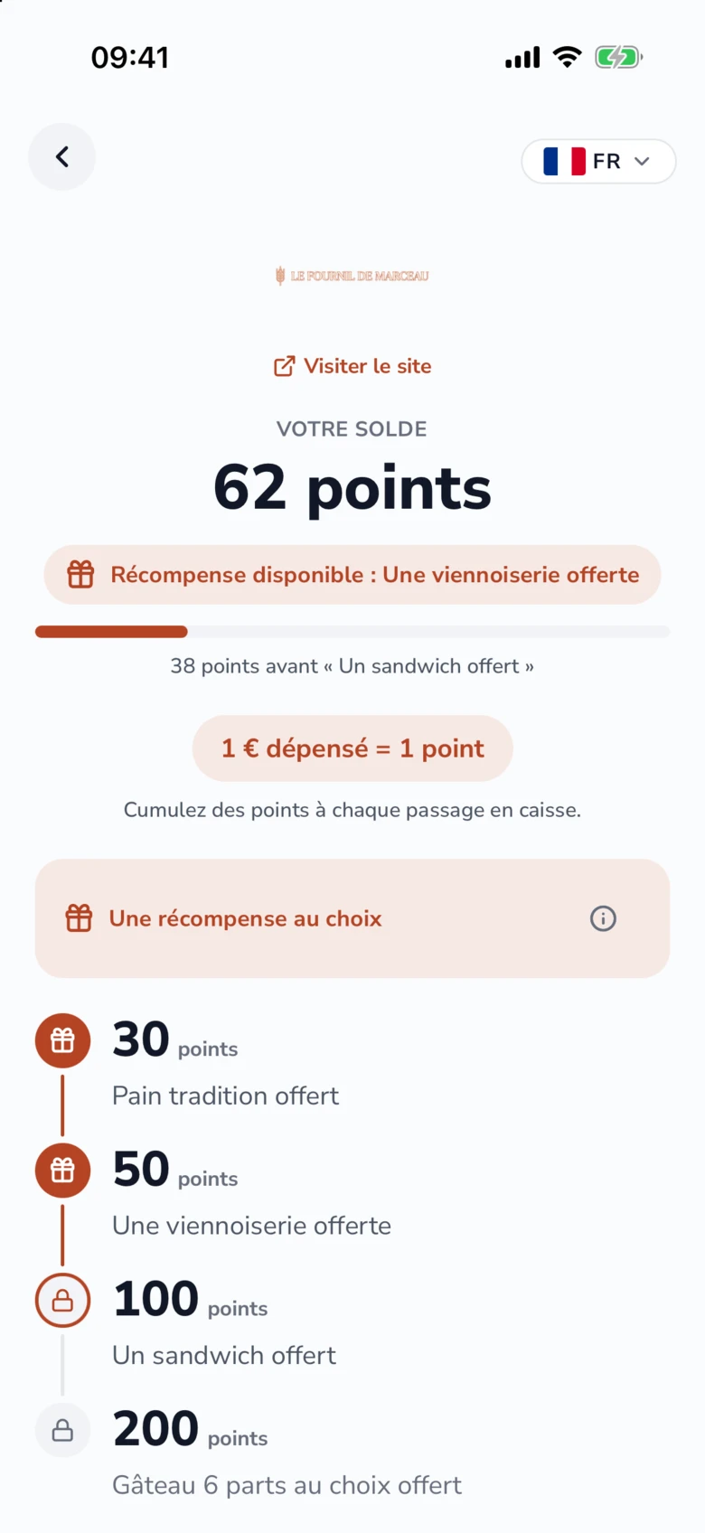 Page publique du Fournil de Marceau vue par le client : solde de 62 points, encore 38 points avant un sandwich offert et paliers