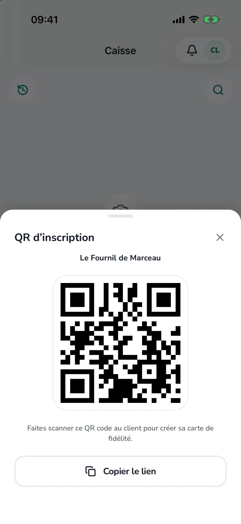 Fenêtre QR d'inscription du Fournil de Marceau avec le bouton Copier le lien